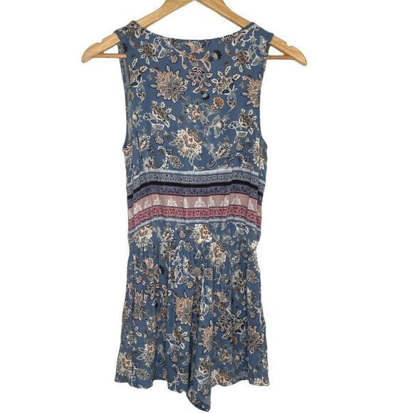 American Eagle Blue and Pink Floral Boho, Festival Wear Faux Wrap Romper - Picture 2 of 7